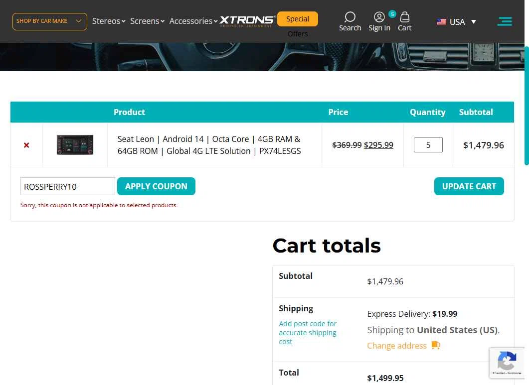 Xtrons US checkout page showing Xtrons US promo code box | Screenshot taken by SimplyCodes community member on Nov 20, 2025