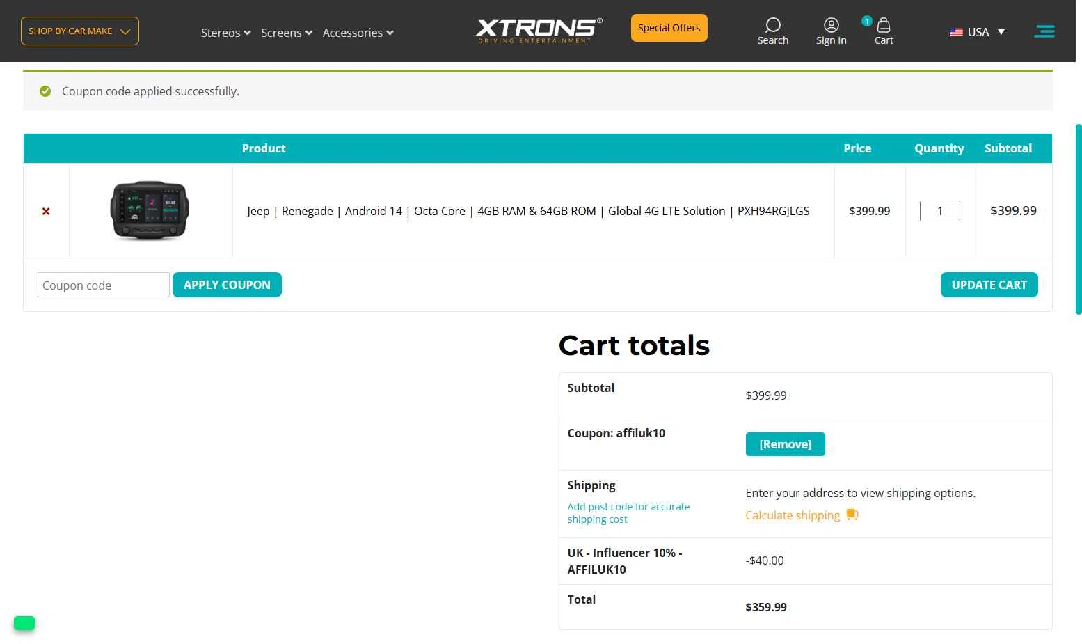 Xtrons US checkout page showing Xtrons US promo code box | Screenshot taken by SimplyCodes community member on Dec 14, 2025