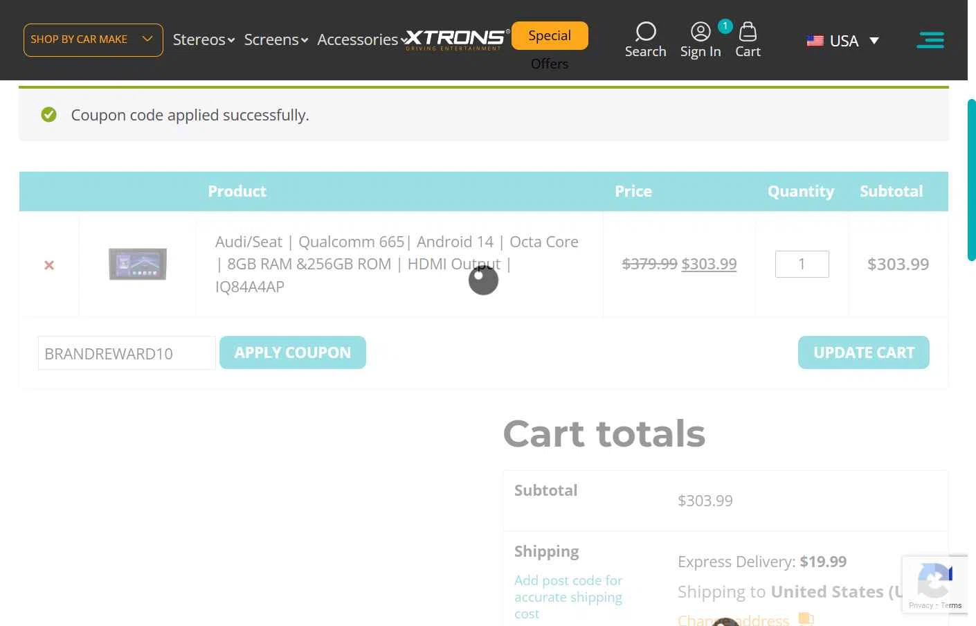 Xtrons US checkout page showing Xtrons US promo code box | Screenshot taken by SimplyCodes community member on Dec 2, 2025