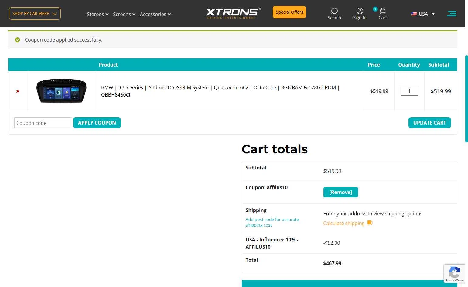 Xtrons US checkout page showing Xtrons US promo code box | Screenshot taken by SimplyCodes community member on Oct 1, 2025