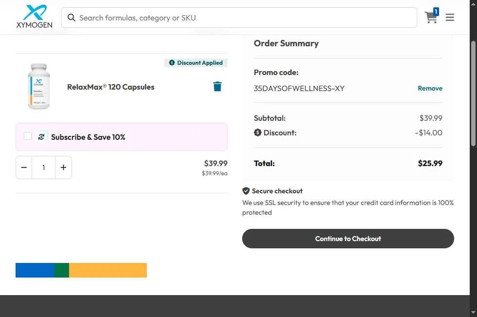 Xymogen checkout page showing Xymogen promo code box | Screenshot taken by SimplyCodes community member on Sep 10, 2025