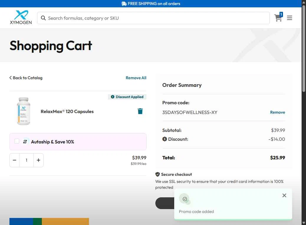 Xymogen checkout page showing Xymogen promo code box | Screenshot taken by SimplyCodes community member on Oct 15, 2025