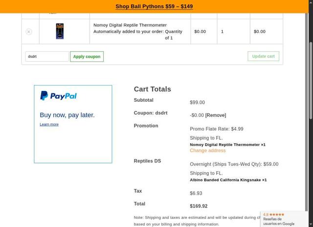 XYZReptiles checkout page showing XYZReptiles coupon code box | Screenshot taken by SimplyCodes community member on Jun 12, 2025
