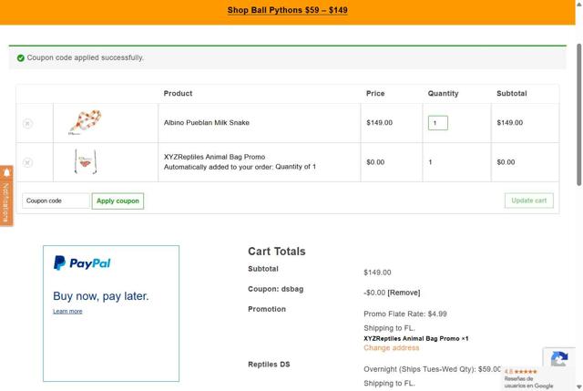 XYZReptiles checkout page showing XYZReptiles coupon code box | Screenshot taken by SimplyCodes community member on Aug 14, 2025