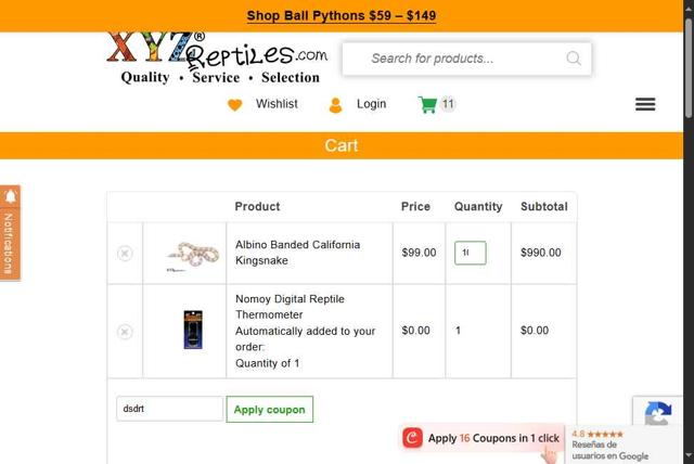 XYZReptiles checkout page showing XYZReptiles coupon code box | Screenshot taken by SimplyCodes community member on May 25, 2025