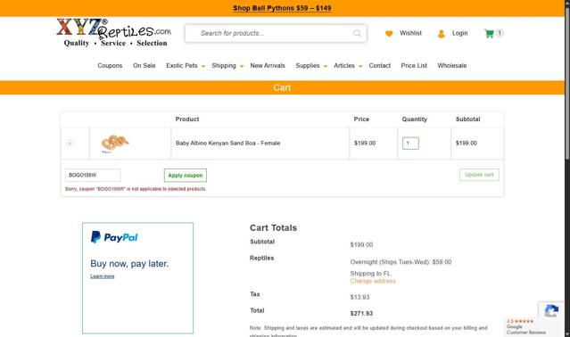 XYZReptiles checkout page showing XYZReptiles coupon code box | Screenshot taken by SimplyCodes community member on Aug 14, 2025