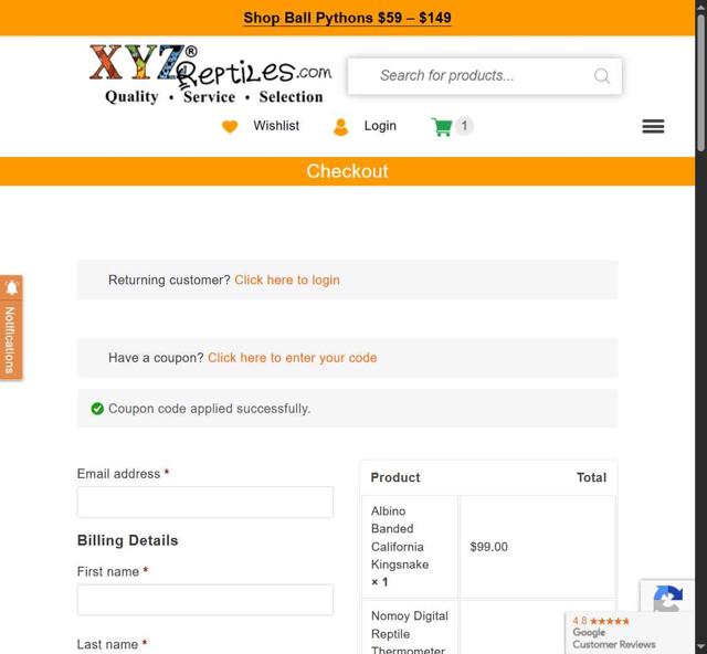 XYZReptiles checkout page showing XYZReptiles coupon code box | Screenshot taken by SimplyCodes community member on Jul 28, 2025