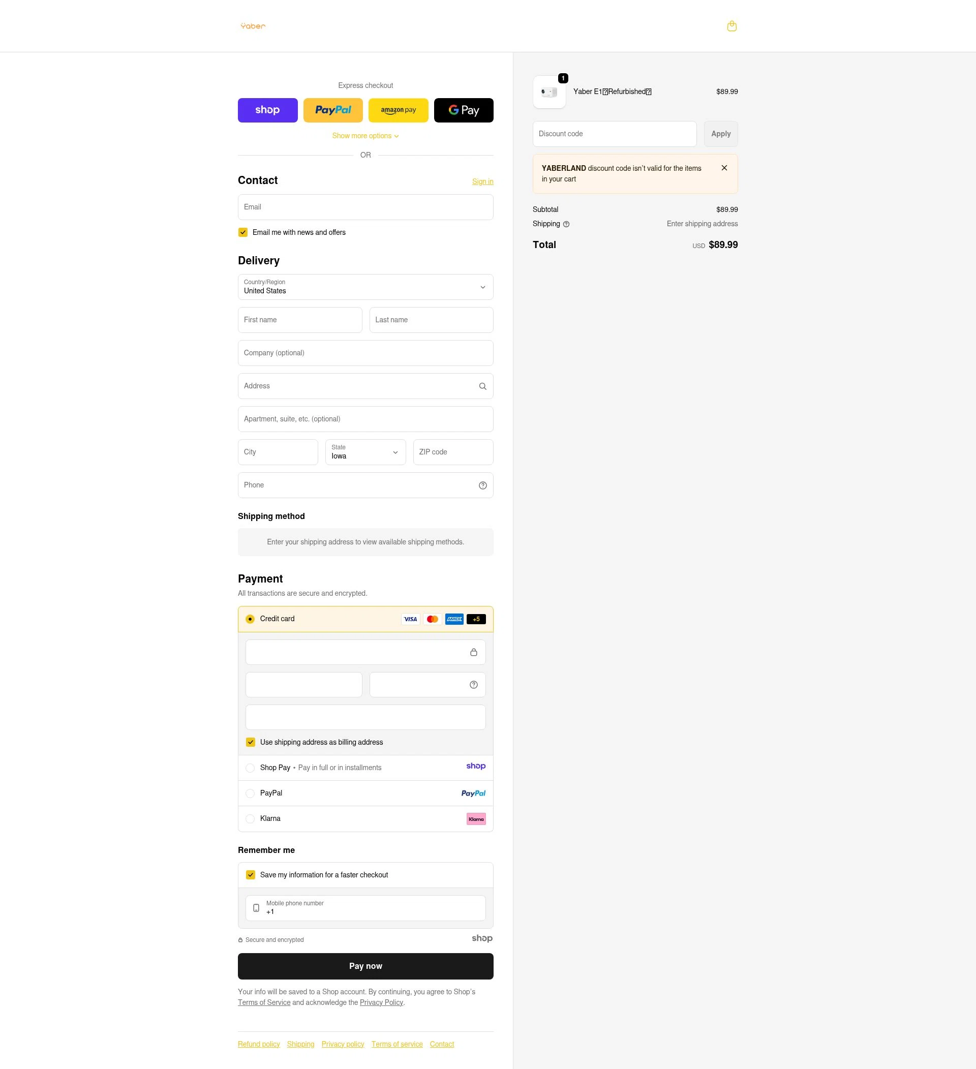 Yaber checkout page showing Yaber promo code box | Screenshot taken by SimplyCodes community member on Jan 4, 2026