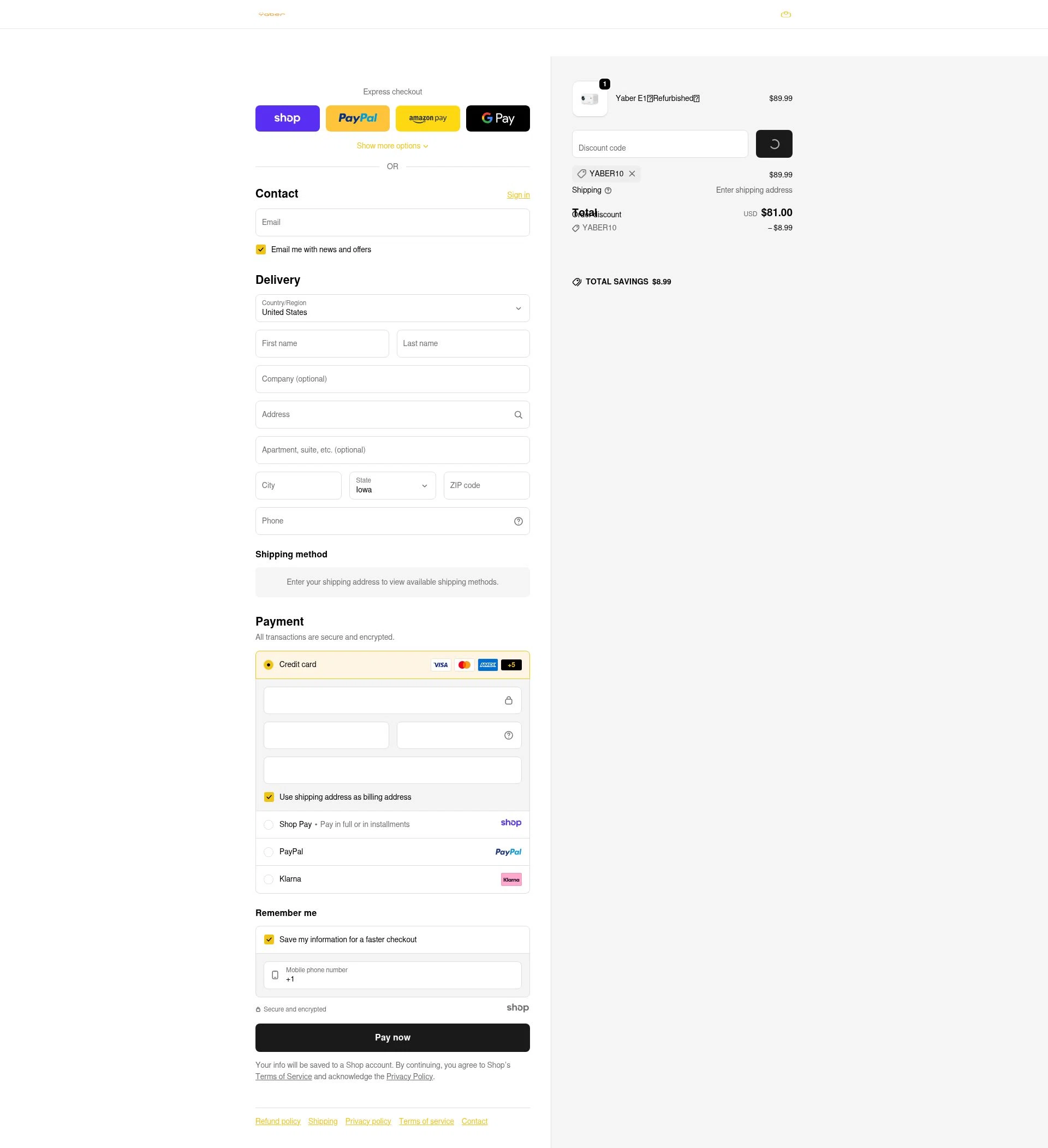 Yaber checkout page showing Yaber promo code box | Screenshot taken by SimplyCodes community member on Jan 4, 2026