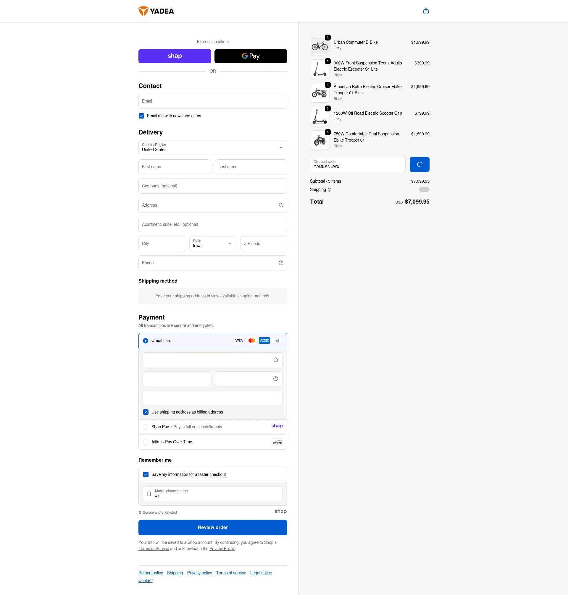 Yadea checkout page showing Yadea promo code box | Screenshot taken by SimplyCodes community member on Jan 8, 2026