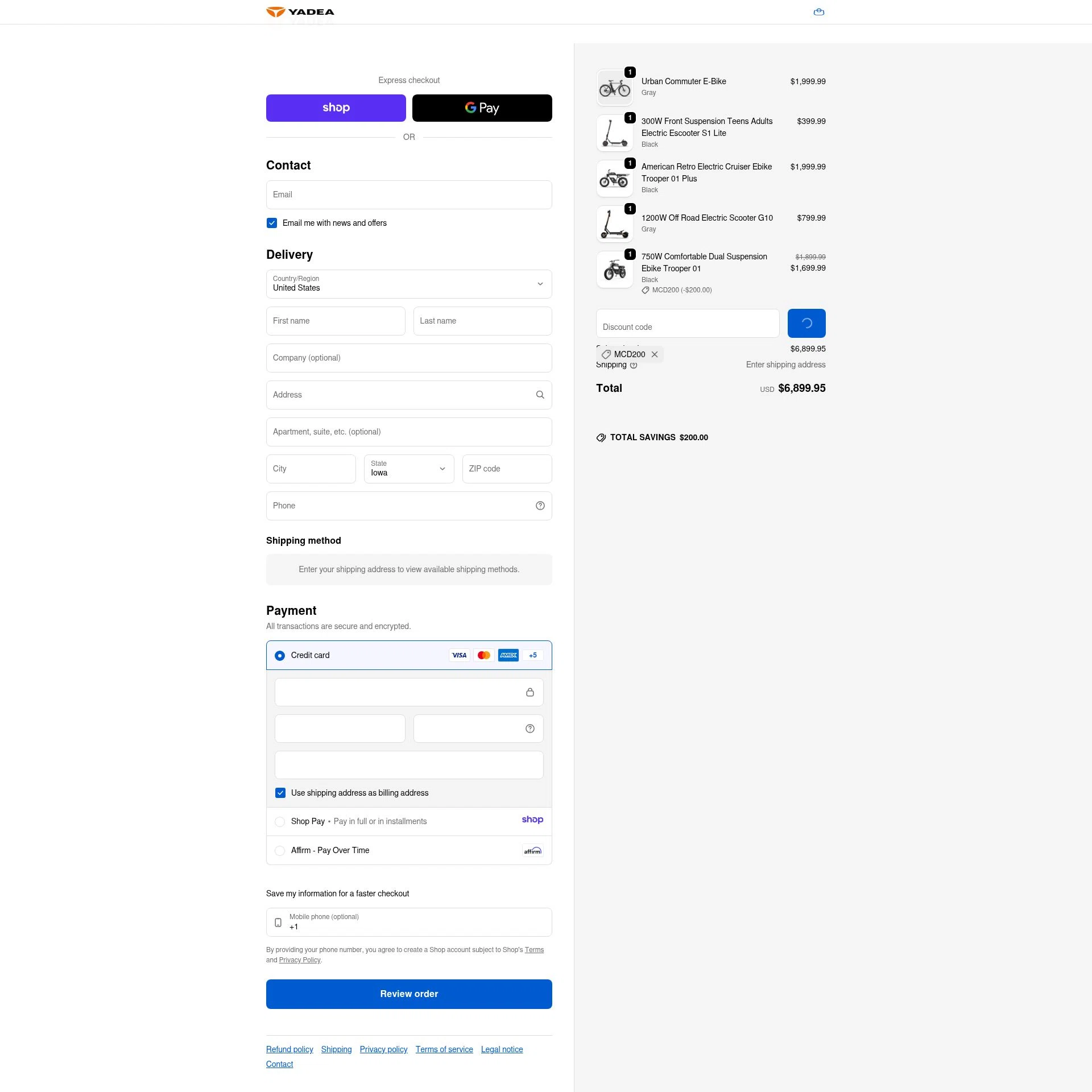 Yadea checkout page showing Yadea promo code box | Screenshot taken by SimplyCodes community member on Jan 13, 2026