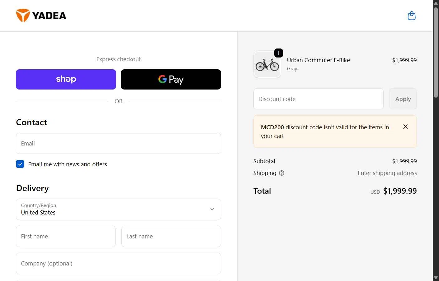 Yadea checkout page showing Yadea promo code box | Screenshot taken by SimplyCodes community member on Jan 8, 2026