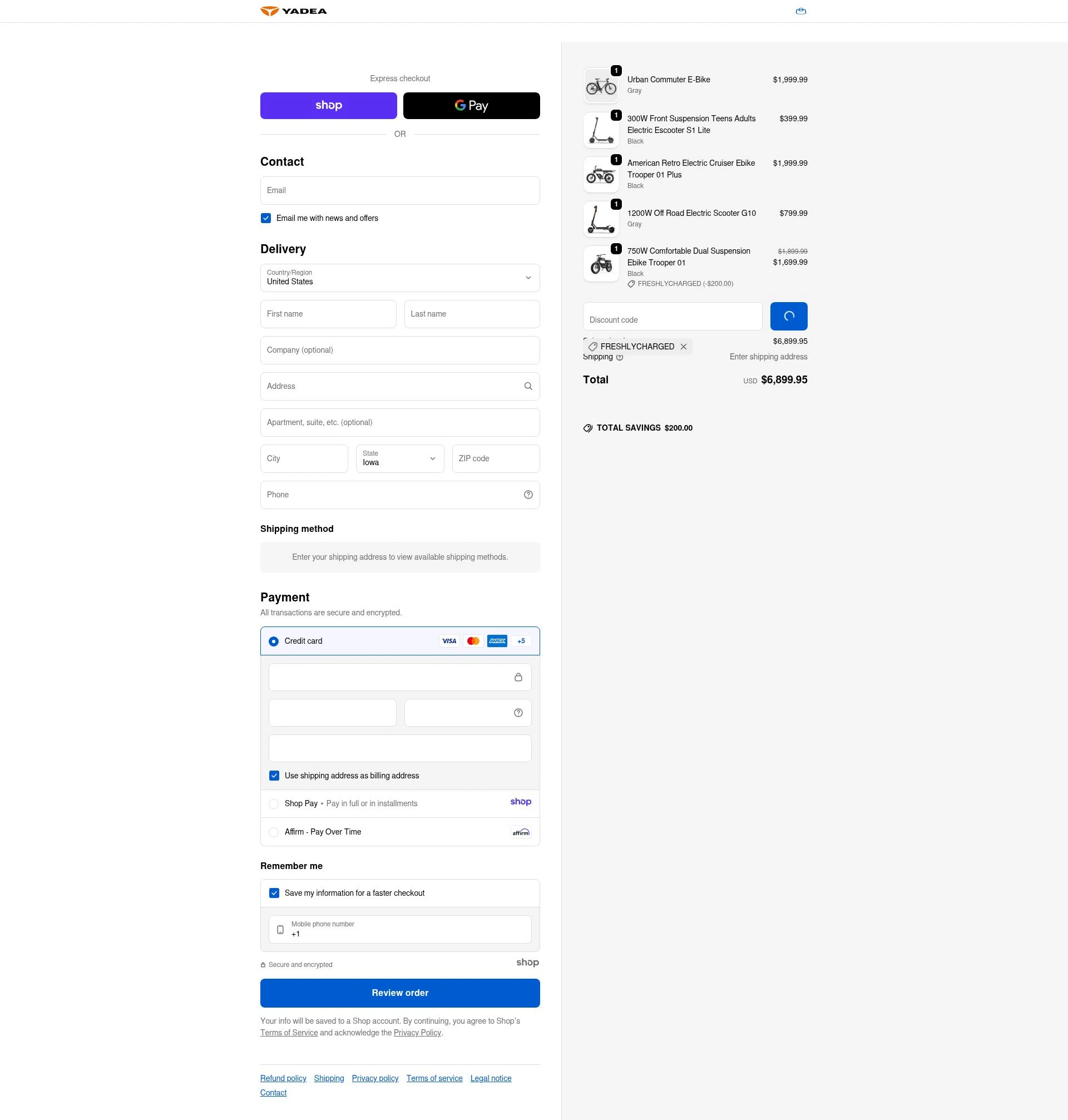 Yadea checkout page showing Yadea promo code box | Screenshot taken by SimplyCodes community member on Jan 8, 2026
