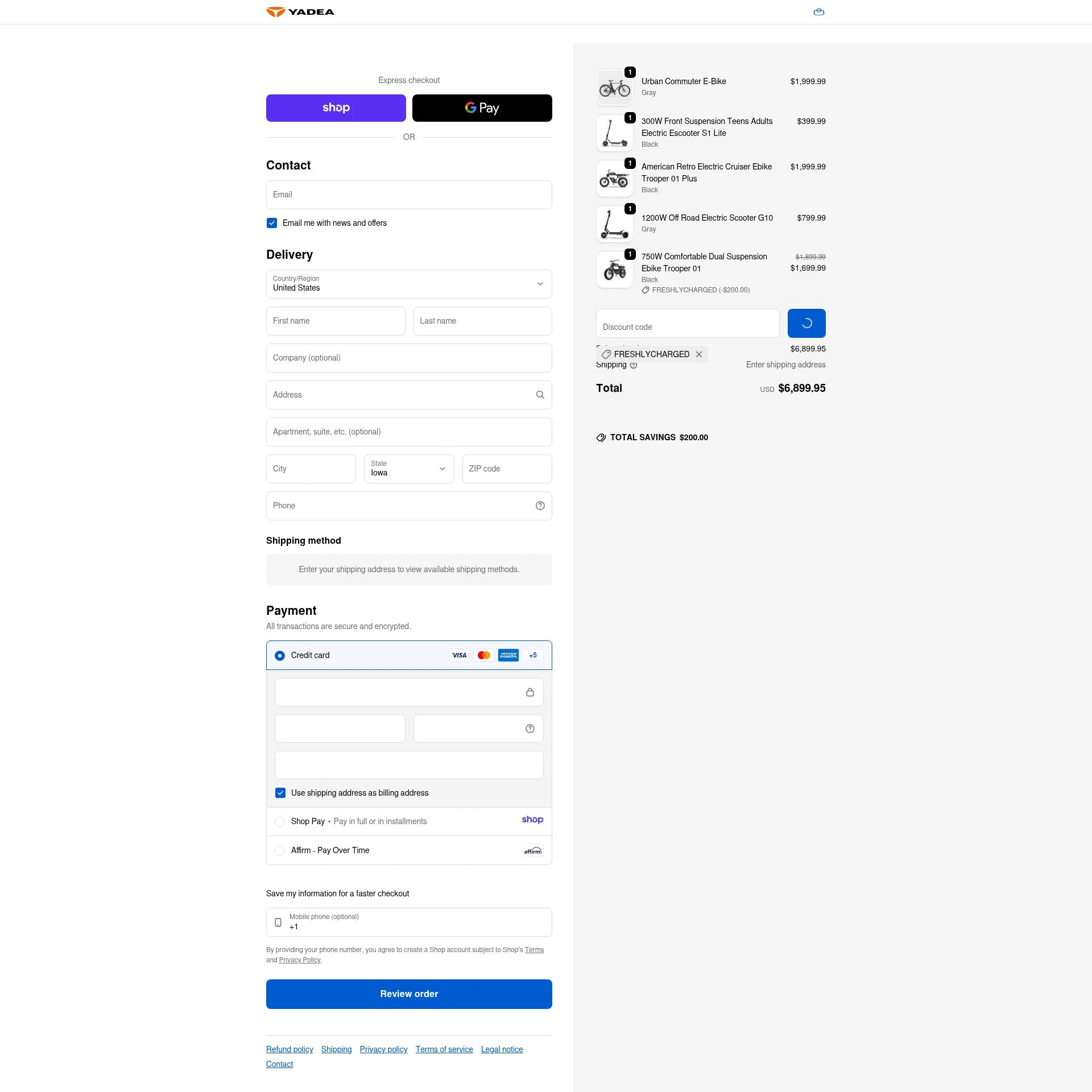Yadea checkout page showing Yadea promo code box | Screenshot taken by SimplyCodes community member on Jan 13, 2026
