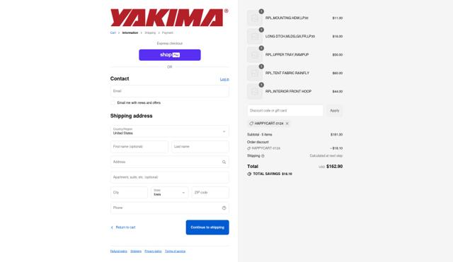Yakima checkout page showing Yakima discount code box | Screenshot taken by SimplyCodes community member on Aug 16, 2025