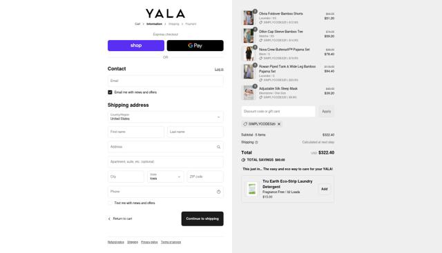 YALA checkout page showing YALA promo code box | Screenshot taken by SimplyCodes community member on Sep 6, 2025