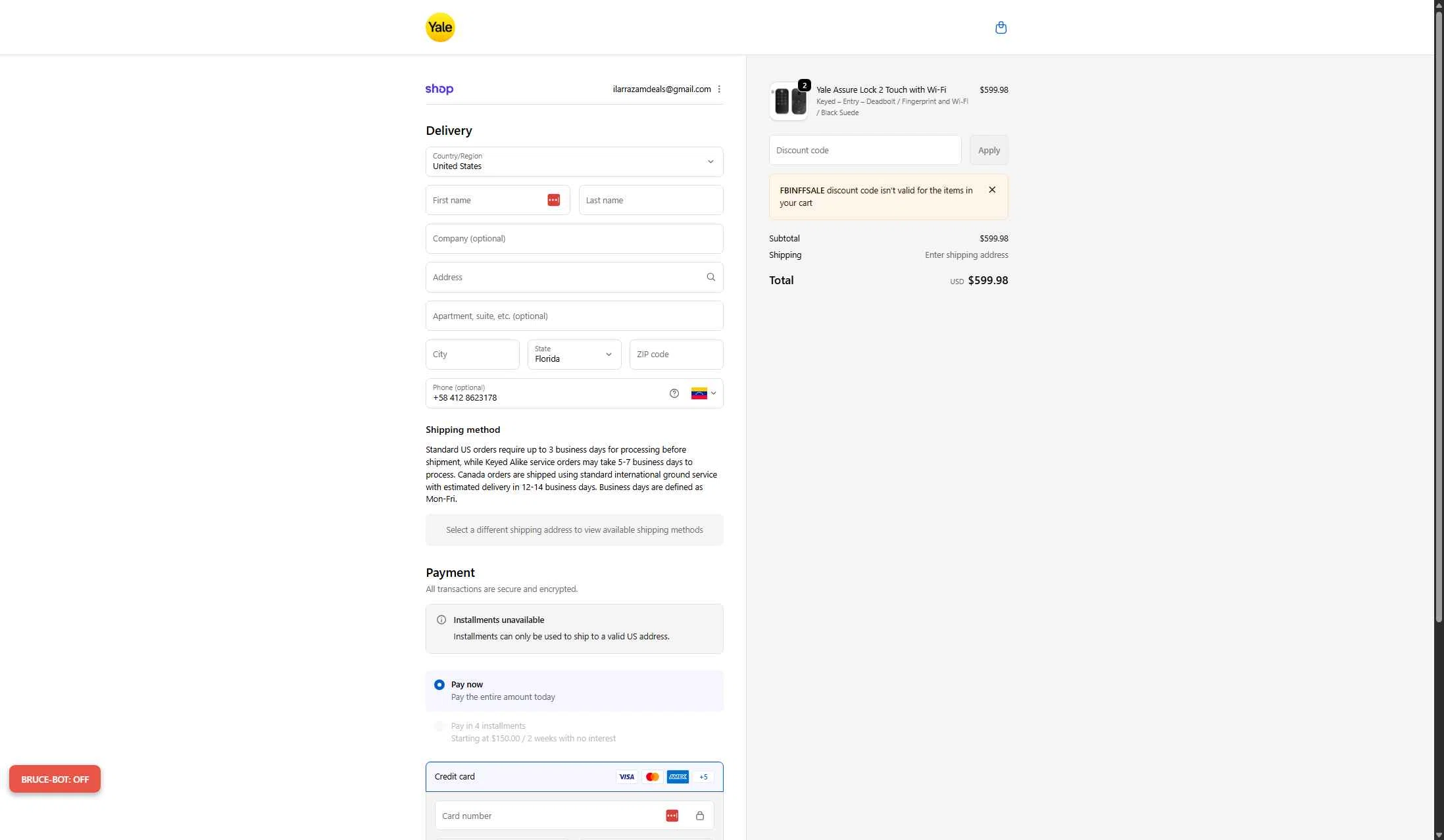 Yale Home checkout page showing Yale Home promo code box | Screenshot taken by SimplyCodes community member on Dec 27, 2025