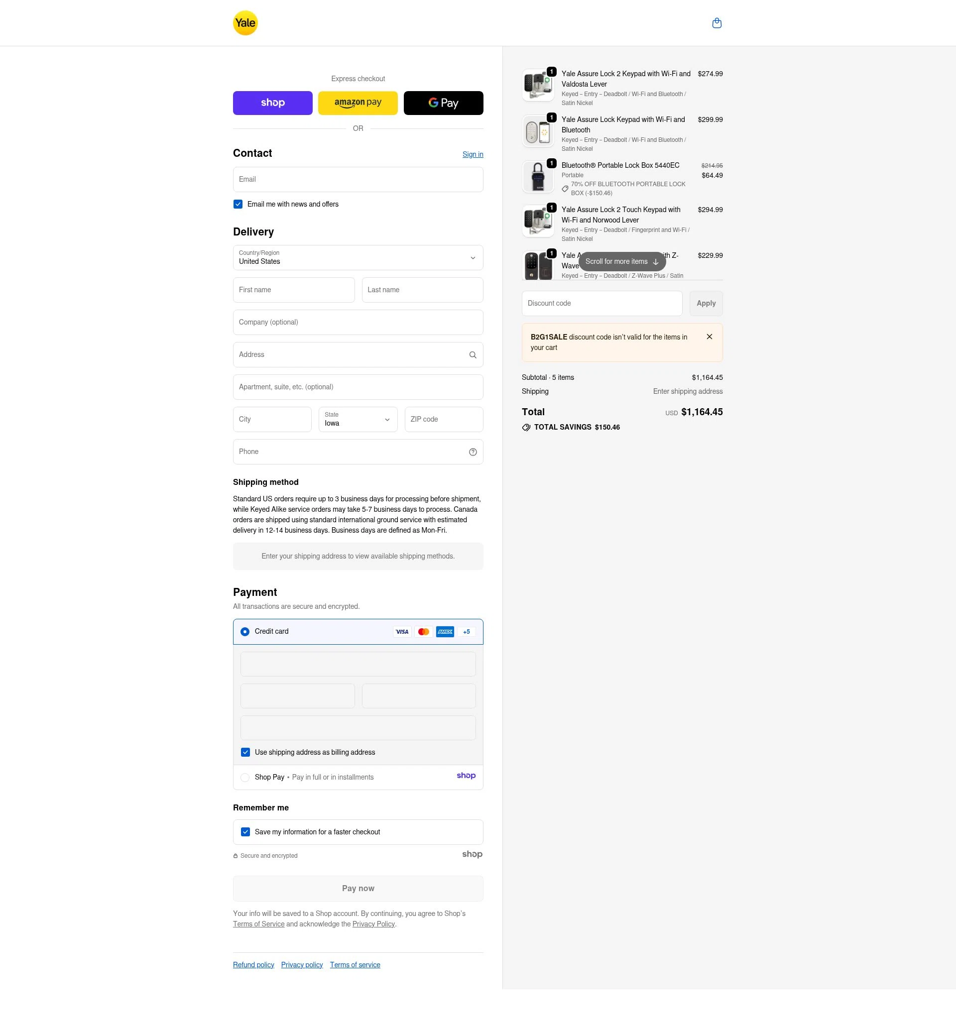 Yale Home checkout page showing Yale Home promo code box | Screenshot taken by SimplyCodes community member on Dec 28, 2025