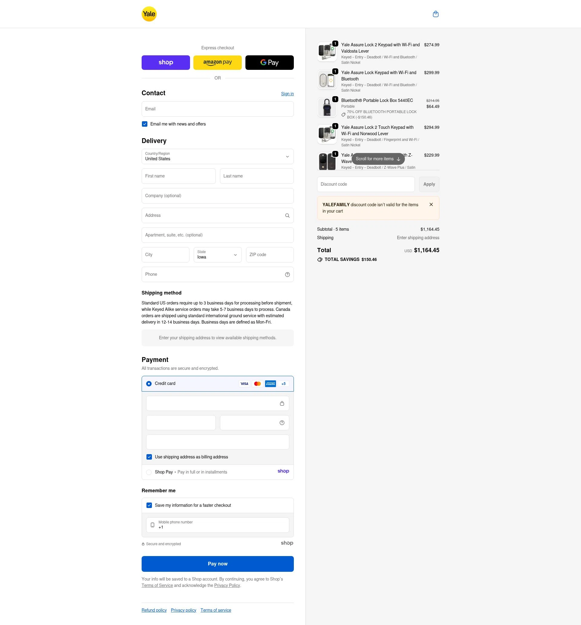 Yale Home checkout page showing Yale Home promo code box | Screenshot taken by SimplyCodes community member on Dec 28, 2025