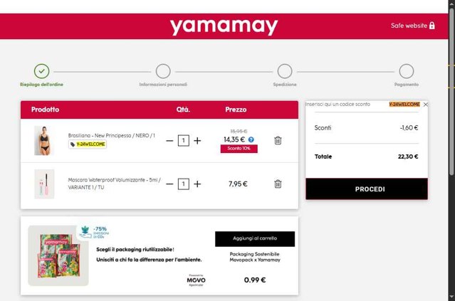 Yamamay checkout page showing Yamamay discount code box | Screenshot taken by SimplyCodes community member on Aug 3, 2025