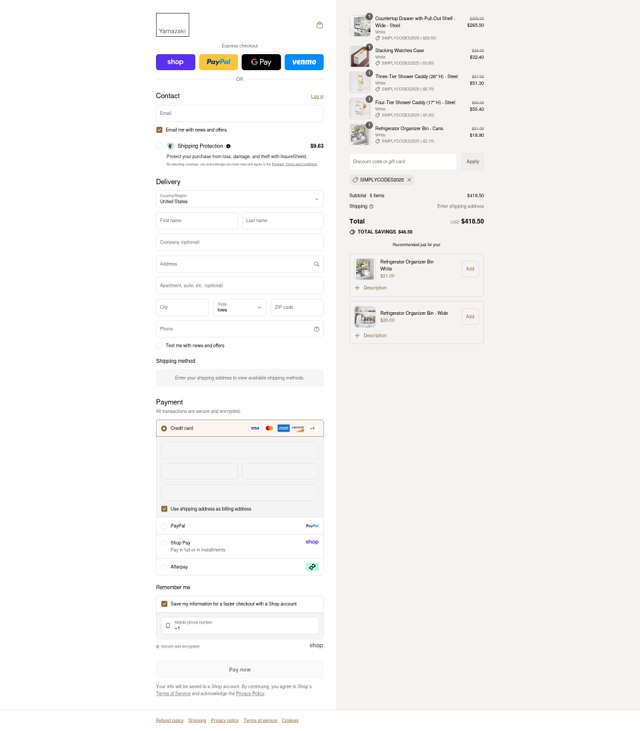 Yamazaki Home checkout page showing Yamazaki Home promo code box | Screenshot taken by SimplyCodes community member on Sep 6, 2025