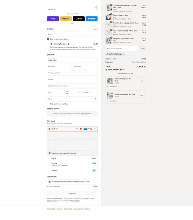 Yamazaki Home checkout page showing Yamazaki Home promo code box | Screenshot taken by SimplyCodes community member on Sep 6, 2025