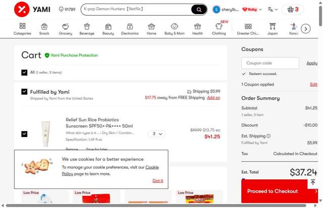 Yami checkout page showing Yami promo code box | Screenshot taken by SimplyCodes community member on Aug 18, 2025