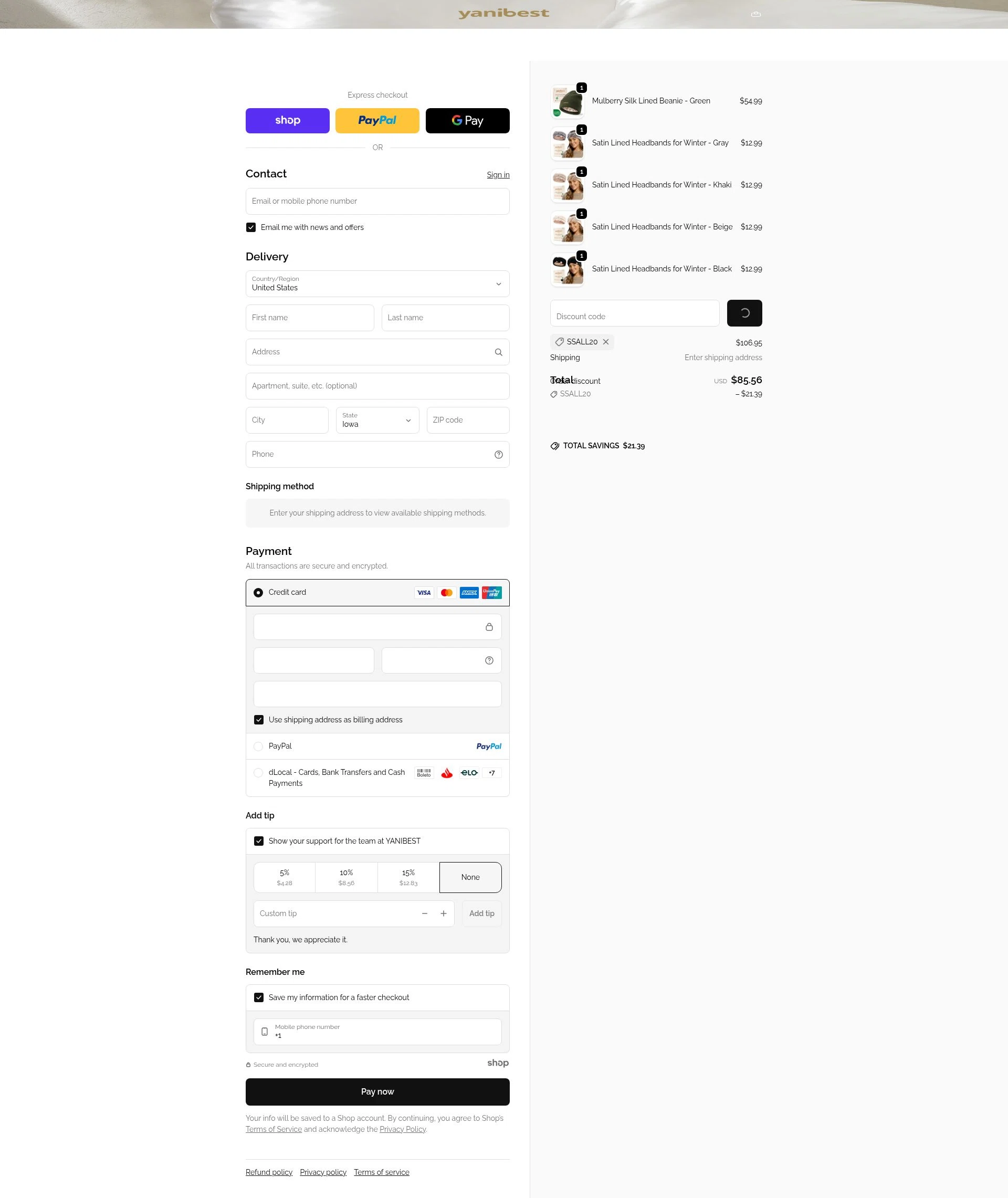 Yanibest checkout page showing Yanibest discount code box | Screenshot taken by SimplyCodes community member on Jan 7, 2026