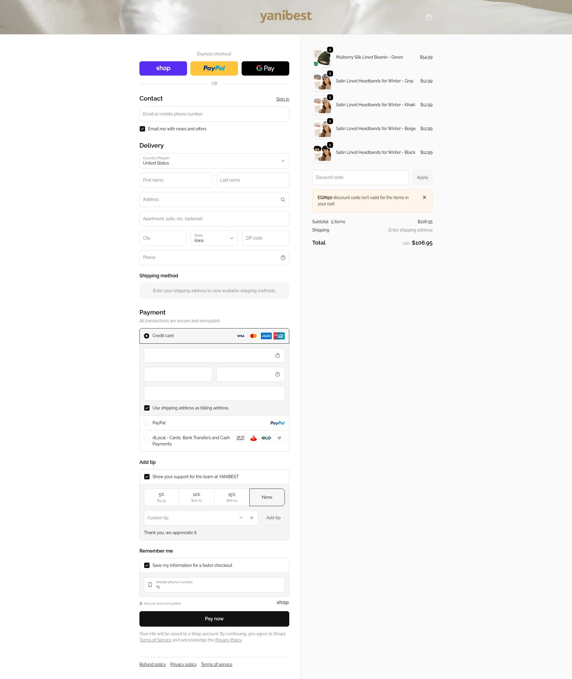 Yanibest checkout page showing Yanibest discount code box | Screenshot taken by SimplyCodes community member on Jan 7, 2026