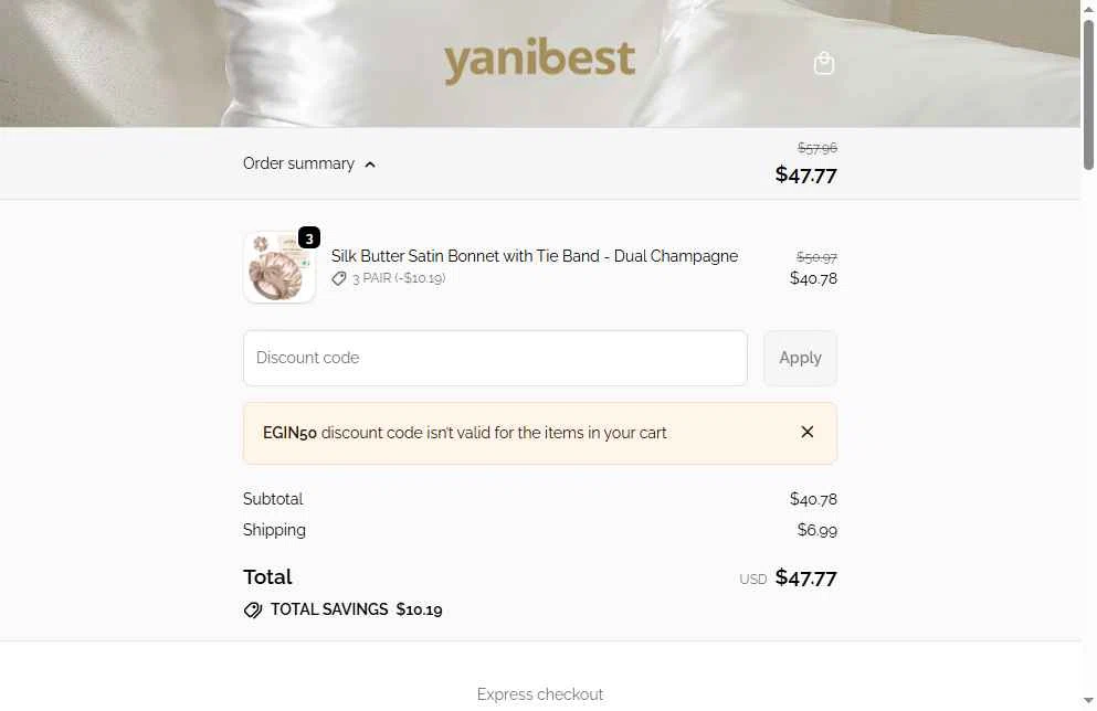 Yanibest checkout page showing Yanibest discount code box | Screenshot taken by SimplyCodes community member on Jan 8, 2026