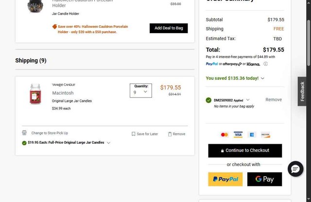 Yankee Candle checkout page showing Yankee Candle promo code box | Screenshot taken by SimplyCodes community member on Sep 2, 2025