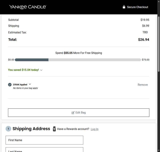 Yankee Candle checkout page showing Yankee Candle promo code box | Screenshot taken by SimplyCodes community member on Sep 2, 2025