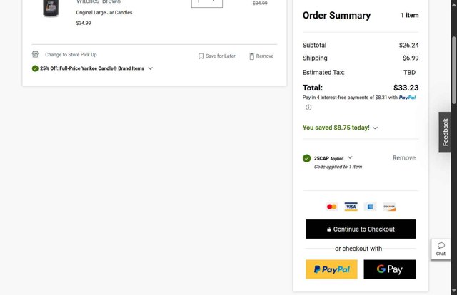 Yankee Candle checkout page showing Yankee Candle promo code box | Screenshot taken by SimplyCodes community member on Aug 25, 2025