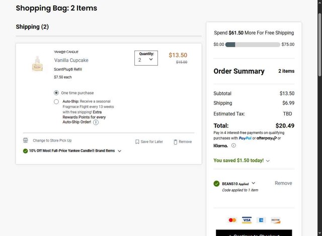 Yankee Candle checkout page showing Yankee Candle promo code box | Screenshot taken by SimplyCodes community member on Aug 25, 2025