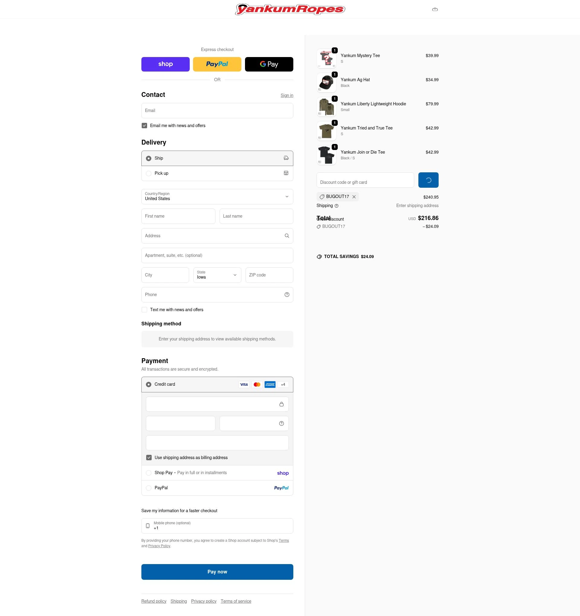 Yankum Ropes checkout page showing Yankum Ropes discount code box | Screenshot taken by SimplyCodes community member on Feb 13, 2026