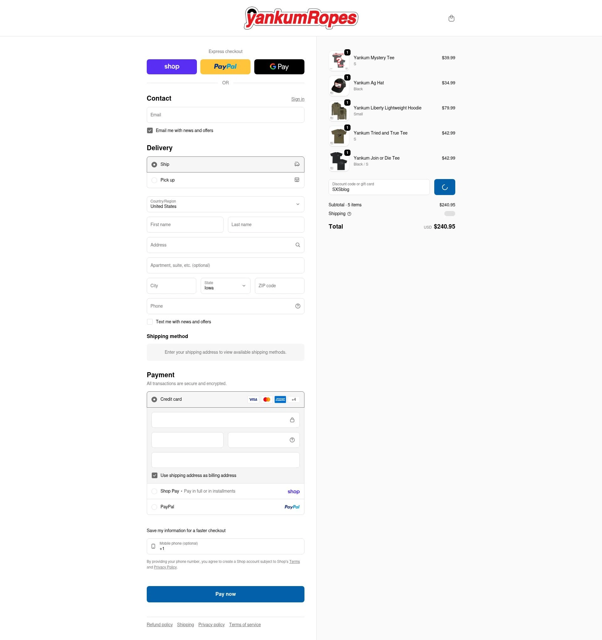 Yankum Ropes checkout page showing Yankum Ropes discount code box | Screenshot taken by SimplyCodes community member on Feb 13, 2026