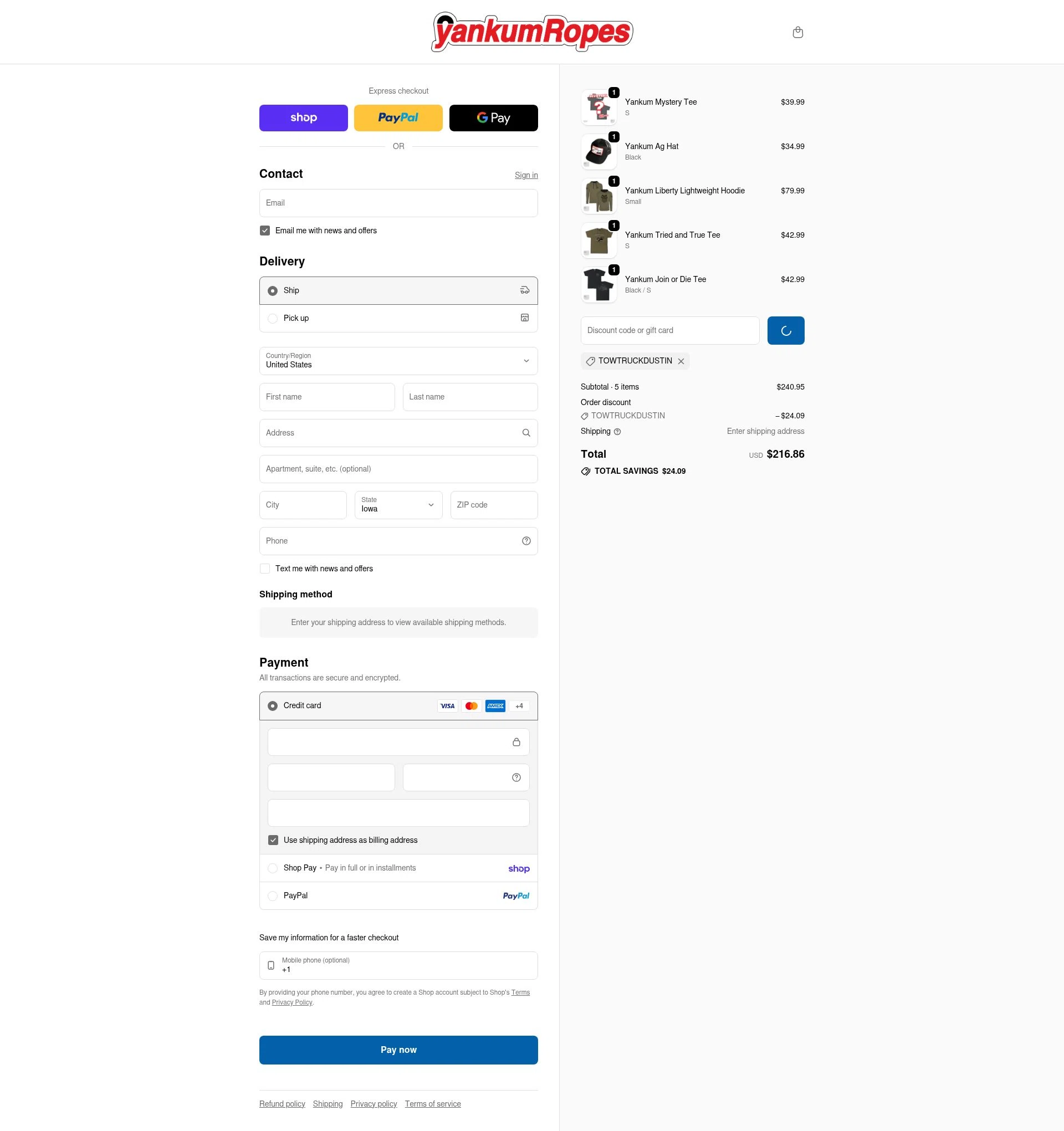 Yankum Ropes checkout page showing Yankum Ropes discount code box | Screenshot taken by SimplyCodes community member on Feb 13, 2026
