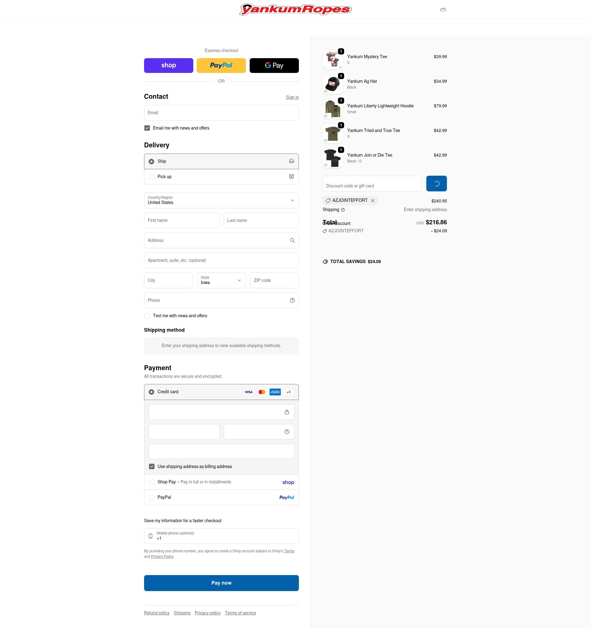Yankum Ropes checkout page showing Yankum Ropes discount code box | Screenshot taken by SimplyCodes community member on Feb 13, 2026