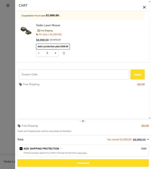 Yarbo checkout page showing Yarbo coupon code box | Screenshot taken by SimplyCodes community member on Aug 5, 2025