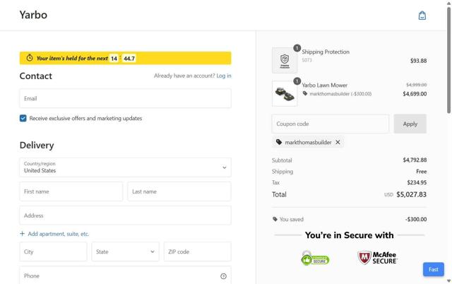 Yarbo checkout page showing Yarbo coupon code box | Screenshot taken by SimplyCodes community member on Aug 5, 2025