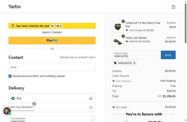 Yarbo checkout page showing Yarbo coupon code box | Screenshot taken by SimplyCodes community member on Aug 25, 2025