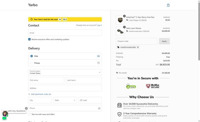 Yarbo checkout page showing Yarbo coupon code box | Screenshot taken by SimplyCodes community member on Aug 15, 2025