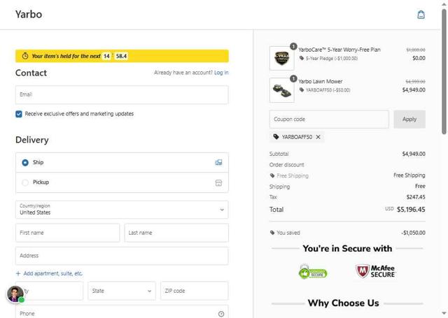 Yarbo checkout page showing Yarbo coupon code box | Screenshot taken by SimplyCodes community member on Aug 15, 2025