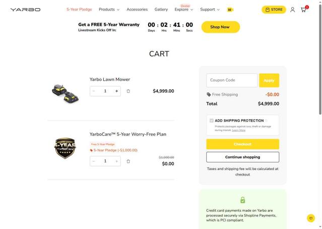 Yarbo checkout page showing Yarbo coupon code box | Screenshot taken by SimplyCodes community member on Aug 15, 2025