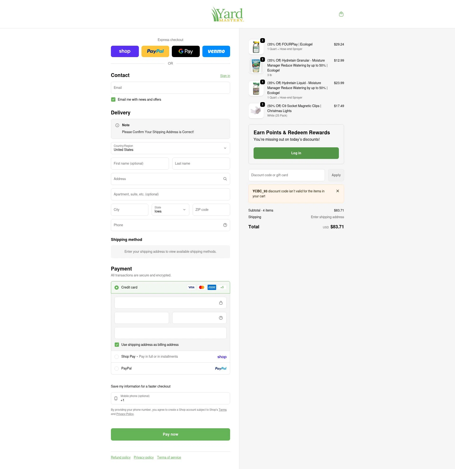 Yard Mastery checkout page showing Yard Mastery coupon code box | Screenshot taken by SimplyCodes community member on Feb 1, 2026