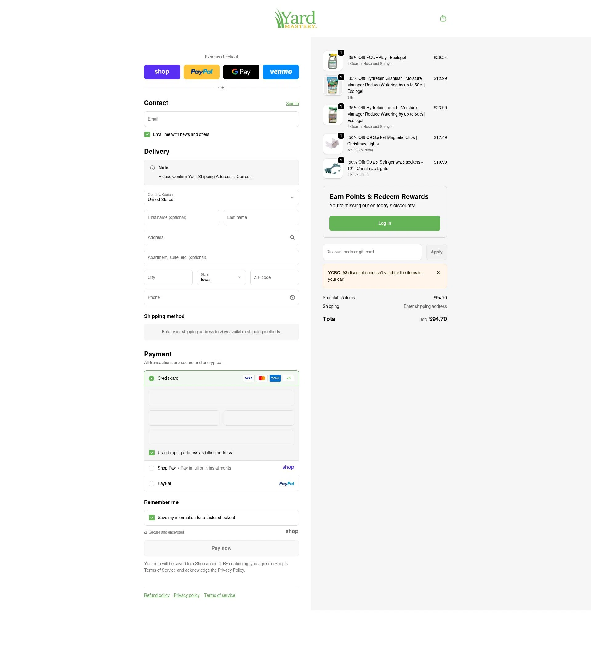 Yard Mastery checkout page showing Yard Mastery coupon code box | Screenshot taken by SimplyCodes community member on Jan 13, 2026