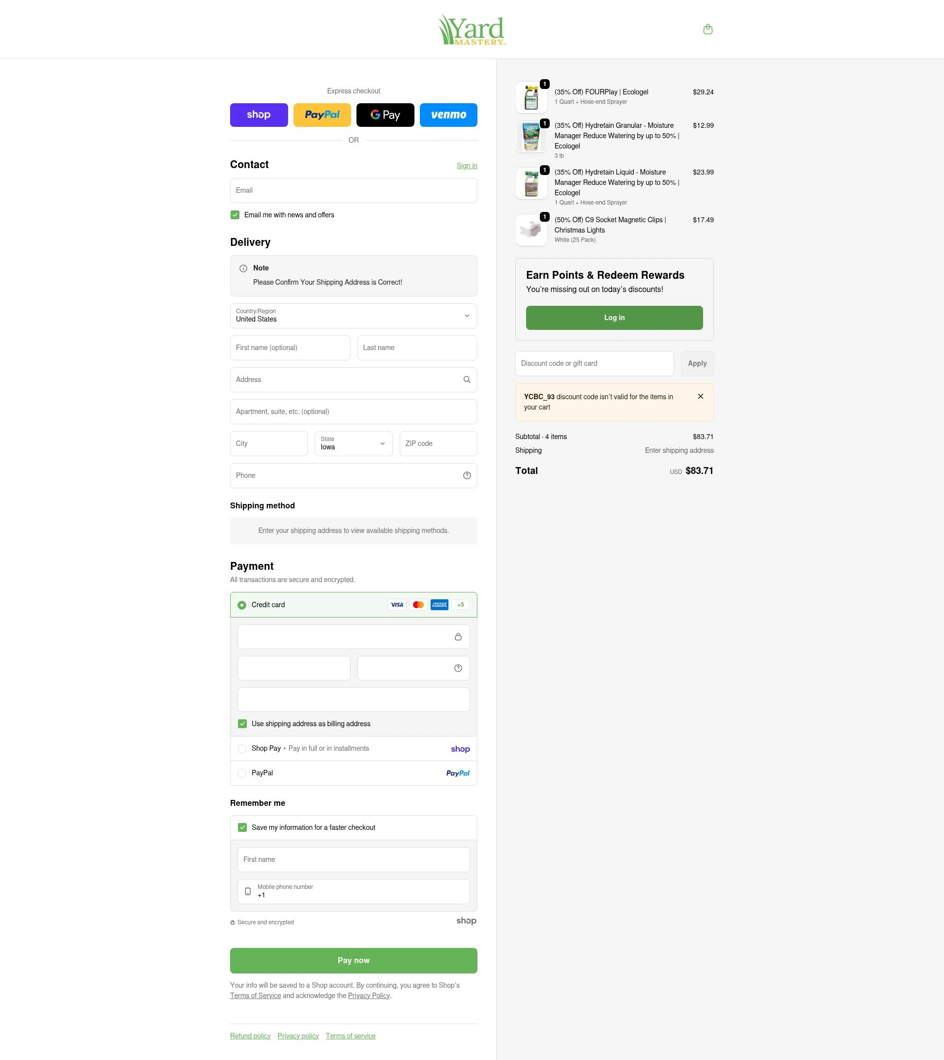 Yard Mastery checkout page showing Yard Mastery coupon code box | Screenshot taken by SimplyCodes community member on Jan 23, 2026