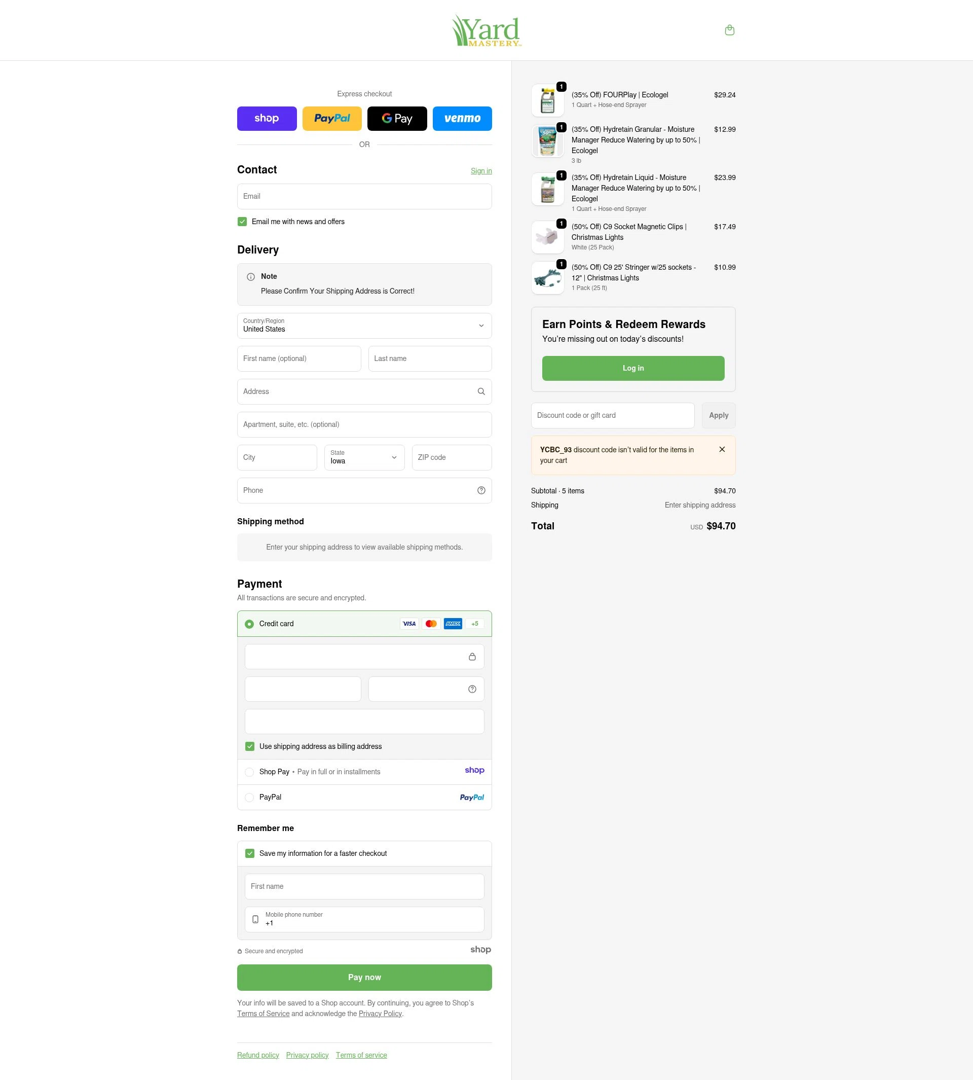 Yard Mastery checkout page showing Yard Mastery coupon code box | Screenshot taken by SimplyCodes community member on Jan 8, 2026