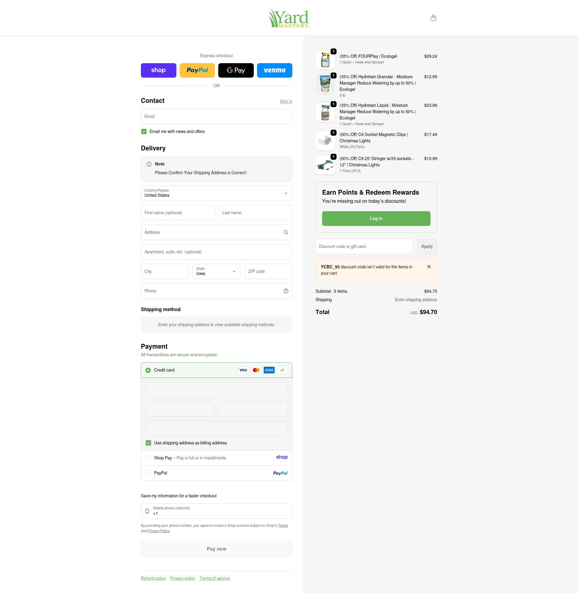 Yard Mastery checkout page showing Yard Mastery coupon code box | Screenshot taken by SimplyCodes community member on Jan 18, 2026