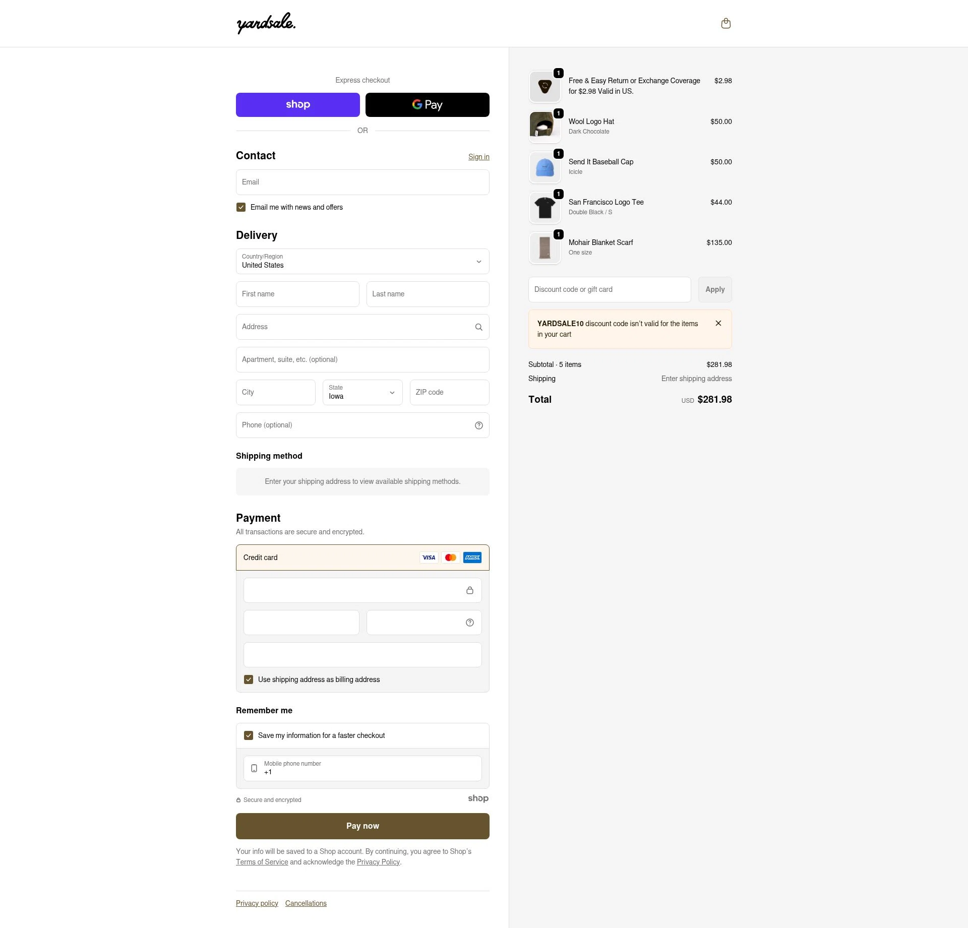 Yardsale checkout page showing Yardsale coupon code box | Screenshot taken by SimplyCodes community member on Jan 3, 2026